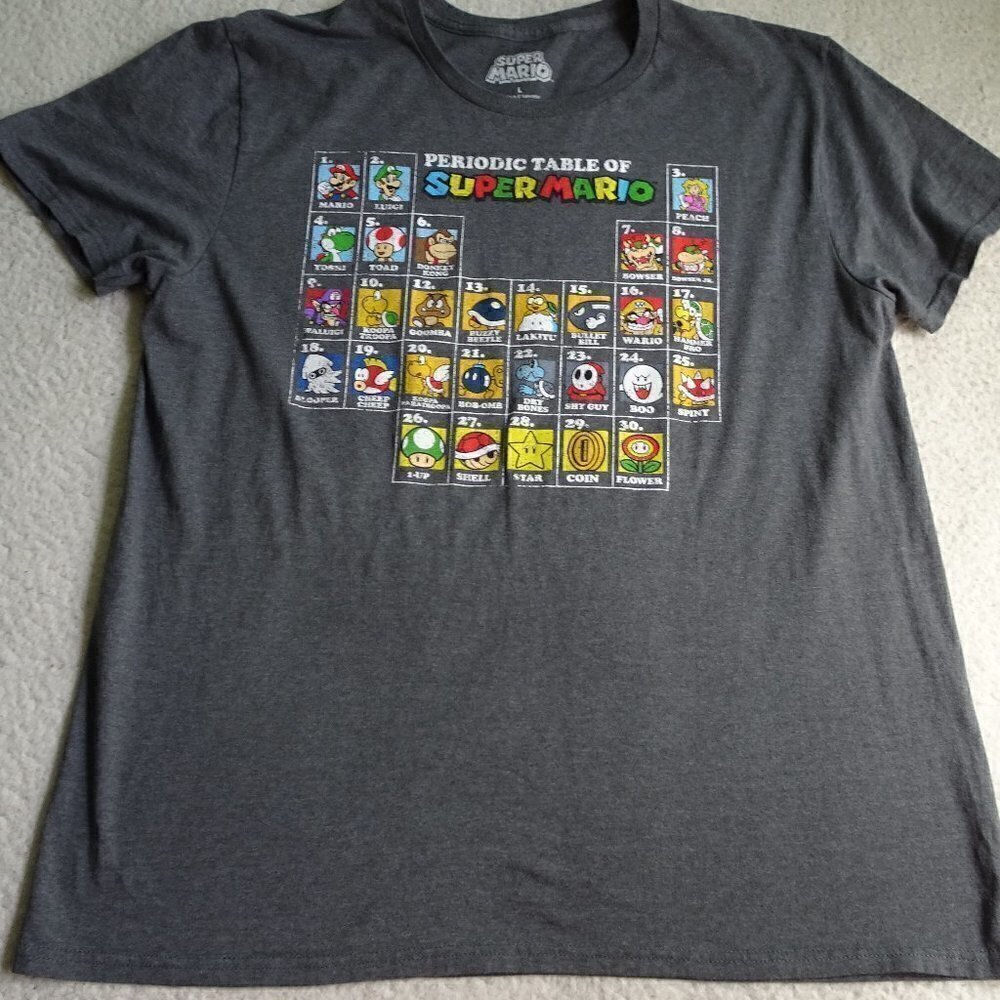 Super Mario Periodic Table Gray T-Shirt Size Large